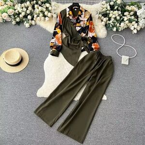 Floral Print Lantern Sleeve Top Elastic Waist Long Pants Fashion Streetwear